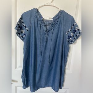 Denim Lace Front Blouse with Embroidered Detail